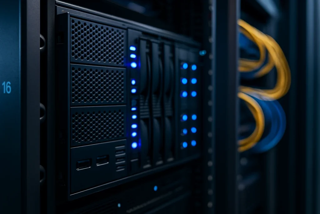 Imagen de servidores de alto rendimiento con cables organizados en un centro de datos
