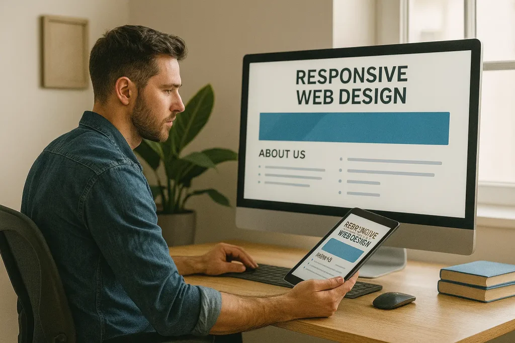ewardsolution-Man working on responsive web design using screen and tablet in modern light-filled office
