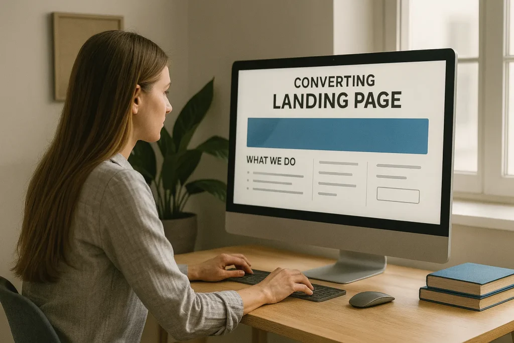 Woman designing a WordPress landing page from a modern desktop with focus on conversions and clear visual structure.