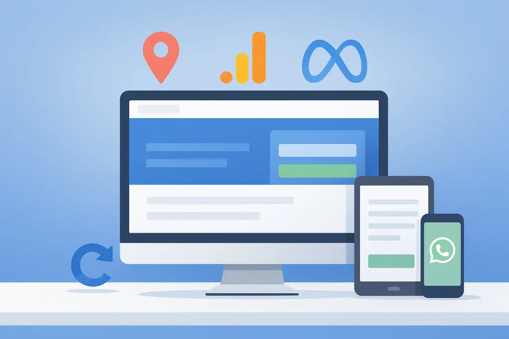 Monitor, tablet and mobile showing integrations such as Google Maps, Analytics, Meta Pixel, reCAPTCHA and WhatsApp in a modern digital environment.