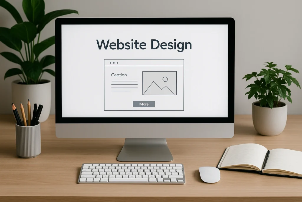 Modern workstation with computer displaying on-screen web design in web page management