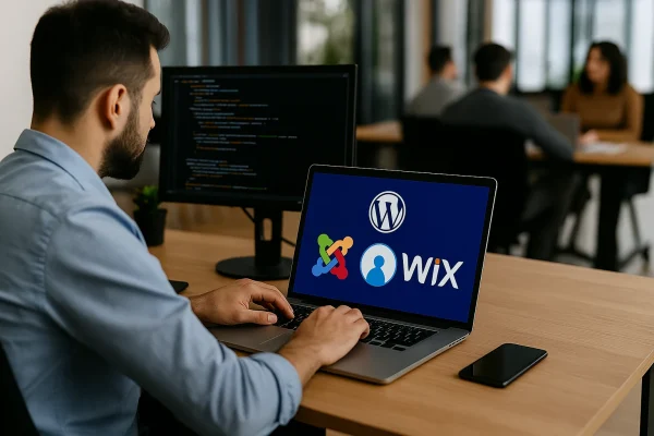 Técnico administrando sitios en WordPress, Wix y Joomla desde su laptop