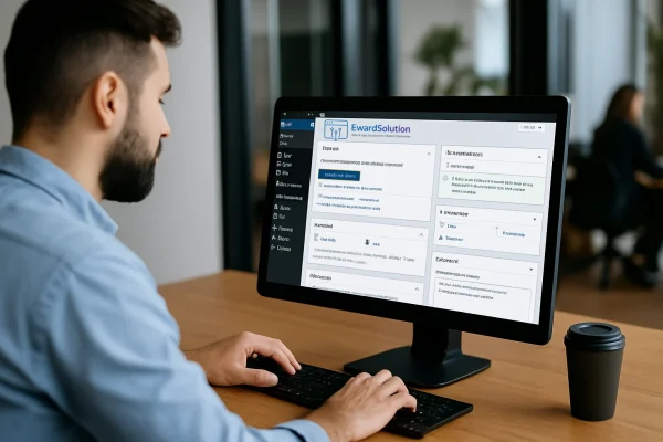 Profesional de soporte en administración de página web WordPress desde una oficina moderna. ewardsolution