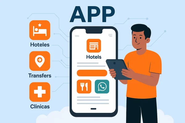 Illustration of mobile application development designed for hotels, restaurants, transfers and clinics, with modern interface and technological elements.