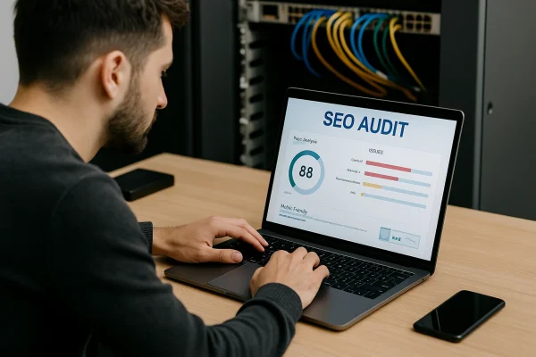 Especialista analizando una auditoría SEO técnica en su portátil, con servidores y cables de red al fondo.