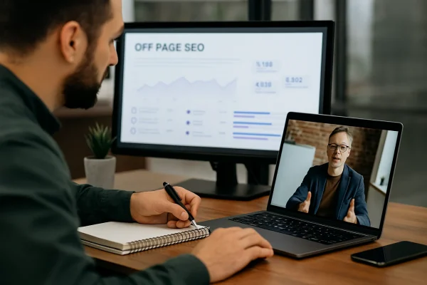 Hombre trabajando en SEO Off Page mientras realiza una videollamada y analiza métricas en pantalla secundaria