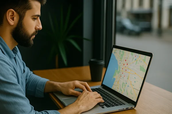 Profesional optimizando presencia local de un negocio en Google Maps desde su oficina