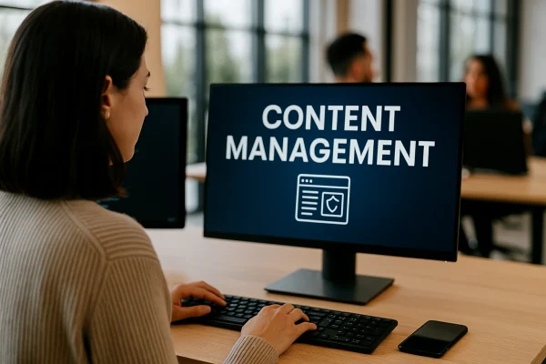 Mujer administrando contenido en un sistema CMS desde una oficina moderna