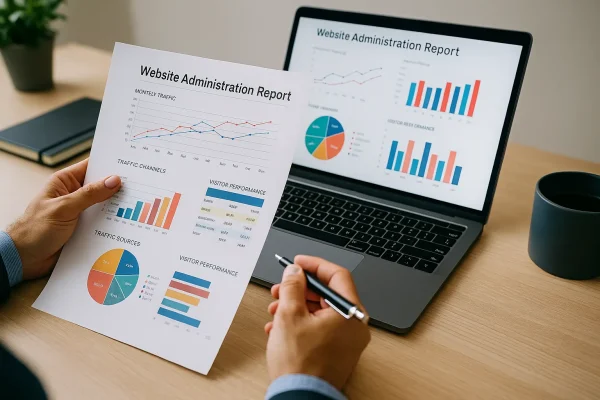 Profesional analizando un informe de administración web con gráficos y estadísticas en papel y pantalla.