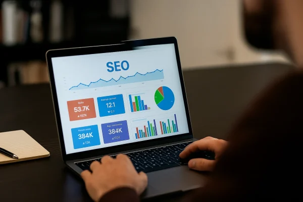Profesional revisando gráficos de rendimiento SEO en un portátil con datos analíticos y métricas detalladas