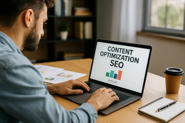 Hombre trabajando en la optimización de contenido SEO desde su laptop en oficina profesional Ya continúo con la siguiente imagen: SEO Off Page.