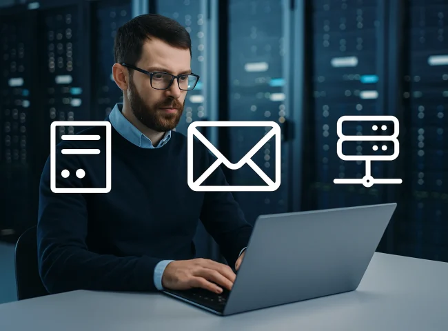 Young man working on his laptop with servers in the background, representing the Web Hosting and Professional Email service offered by EwardSolution.