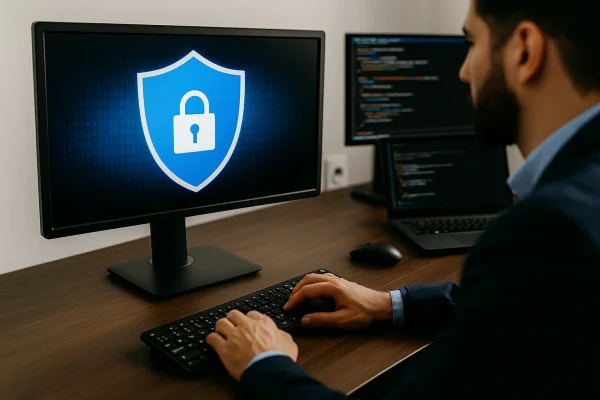 Técnico de ciberseguridad trabajando frente a pantallas con código y un escudo digital en la pantalla principal