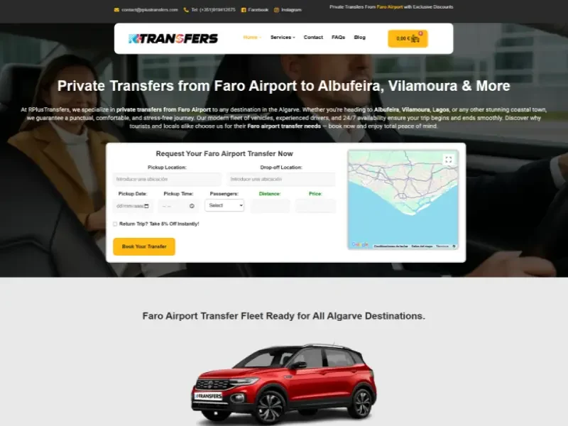 Página web de RplusTransfers, servicio de transporte privado en Algarve