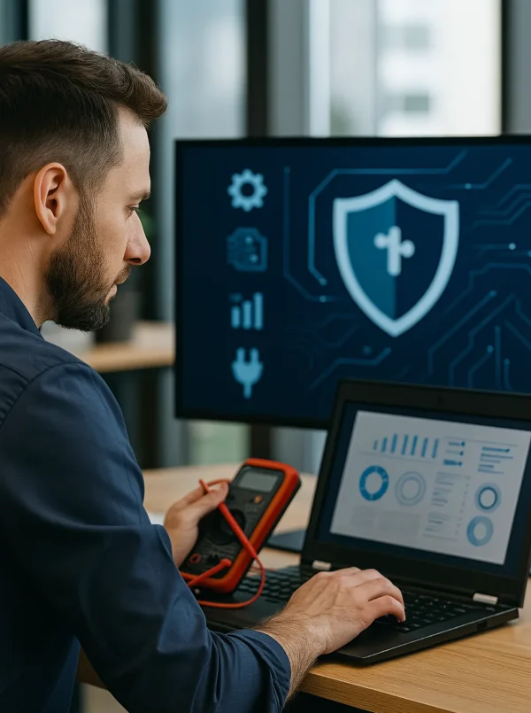Image of an IT technician checking a computer with diagnostic tools and software on screen, representing the IT service, IT Consultancy and Support.