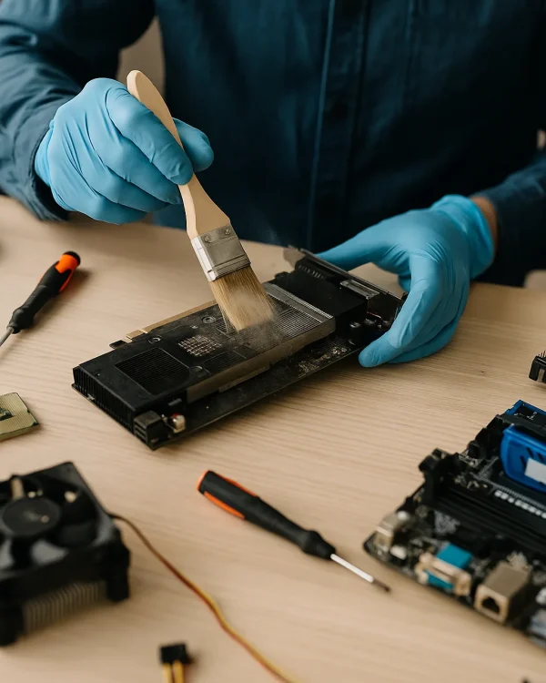 Technician cleaning the inside of a computer, with components such as graphics card, RAM and fans visible all around, representing a professional computer maintenance service.