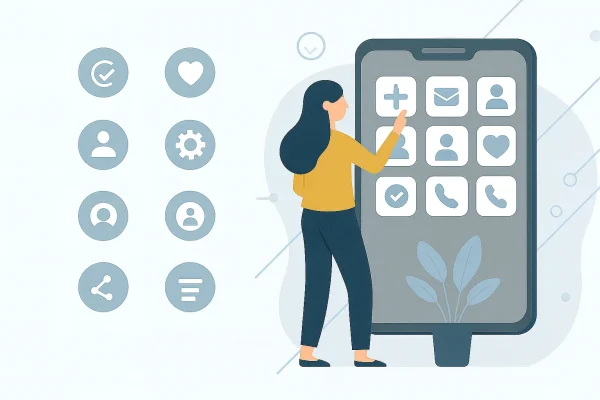 Illustration of a woman touching a smartphone with app icons, along with a list of benefits of having your own mobile app.