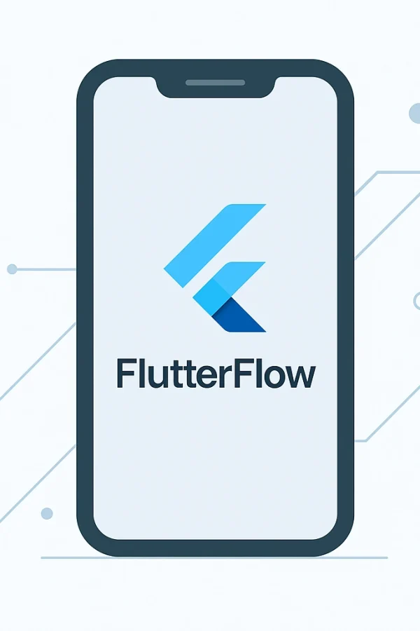 Mobile phone illustration with FlutterFlow logo